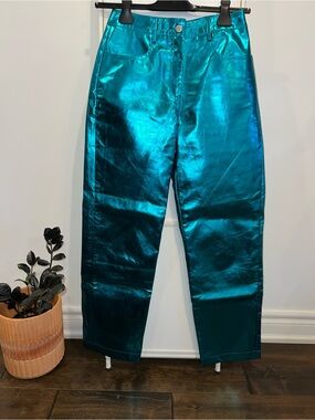 Amy Lynn Faux Leather Teal Metallic Trousers